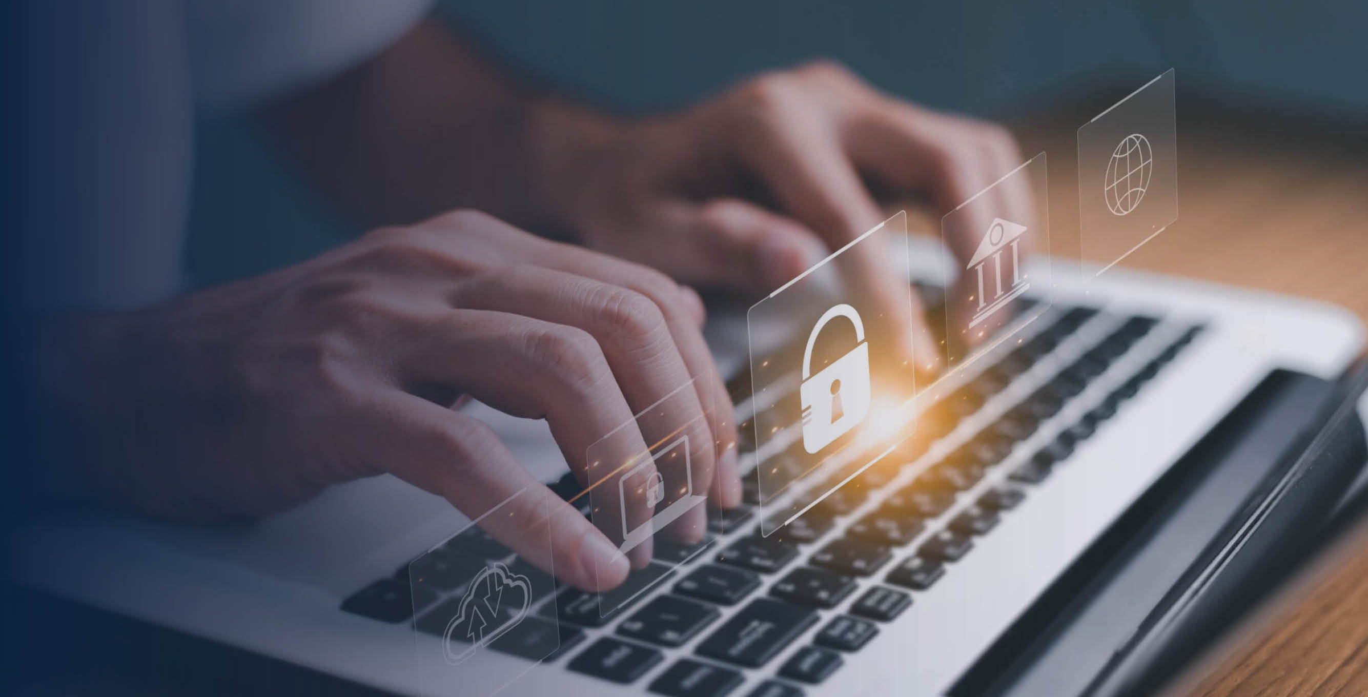 Close up of hands using a laptop with security icons layered over top.