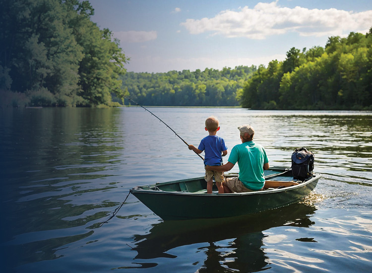 Father and young sun in a fishing boat on a lake.