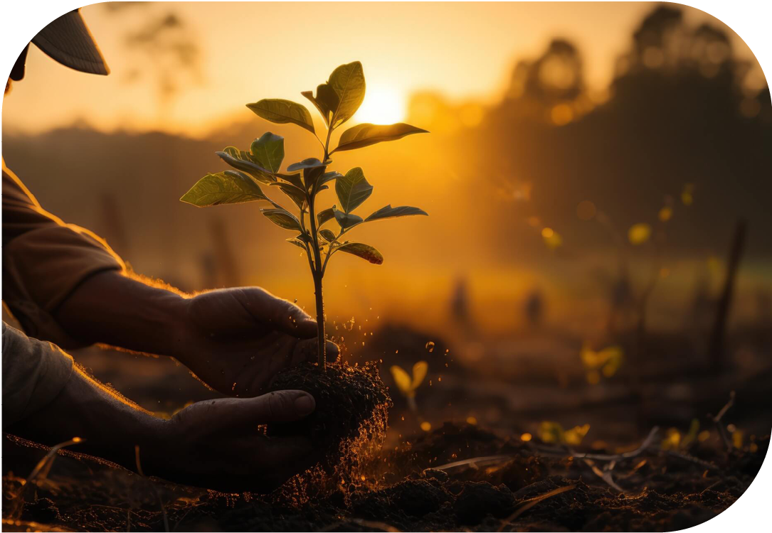 Farmer planting a tree at sunset.