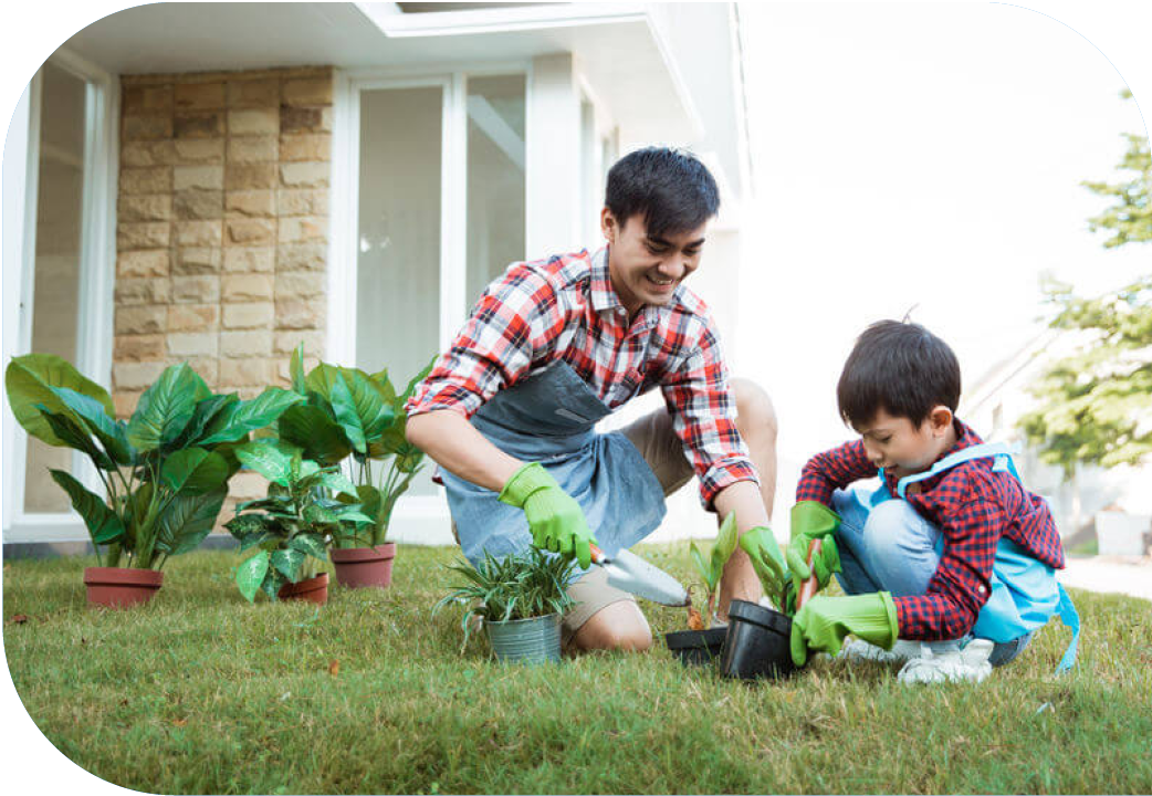 Man and son planting in garden in front of home.