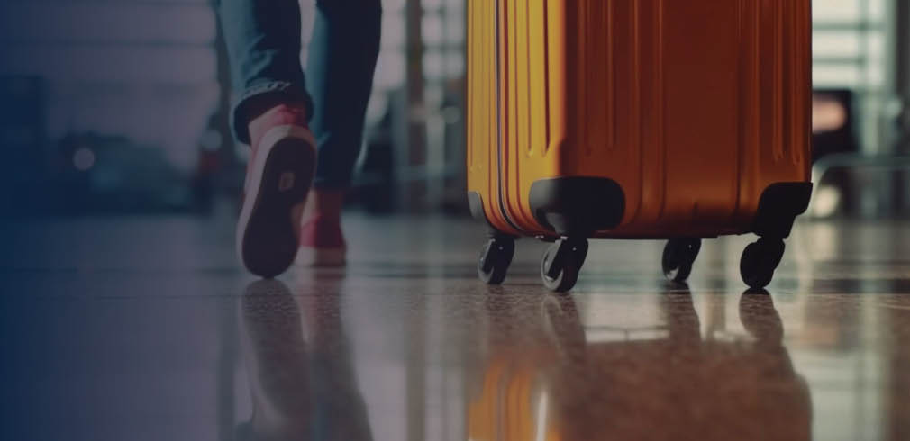 Feet of someone walking through airport with a suitcase