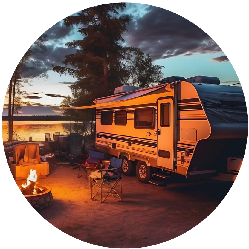 RV camper parked at sunset